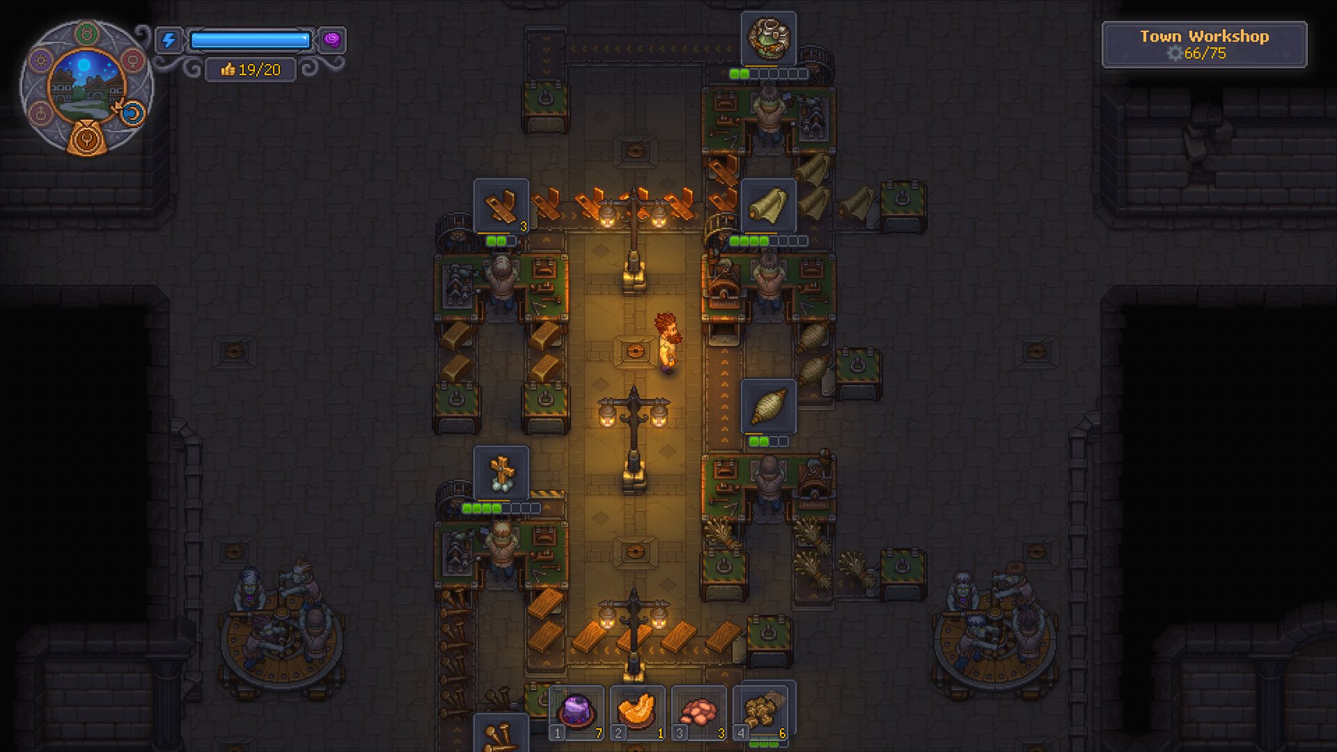 Official Graveyard Keeper 2 Town Workshop capture showing conveyors, storage, stations, and a 66 slash 75 banner
