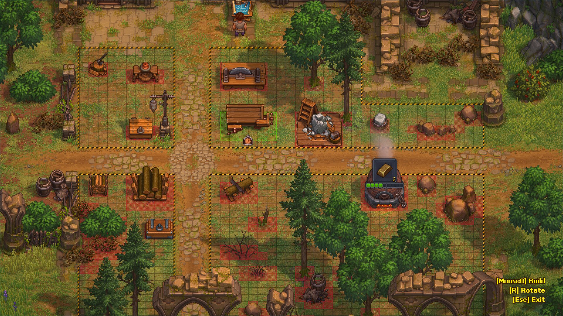 Official in-game building grid showing yellow plots, placement tiles, and build controls