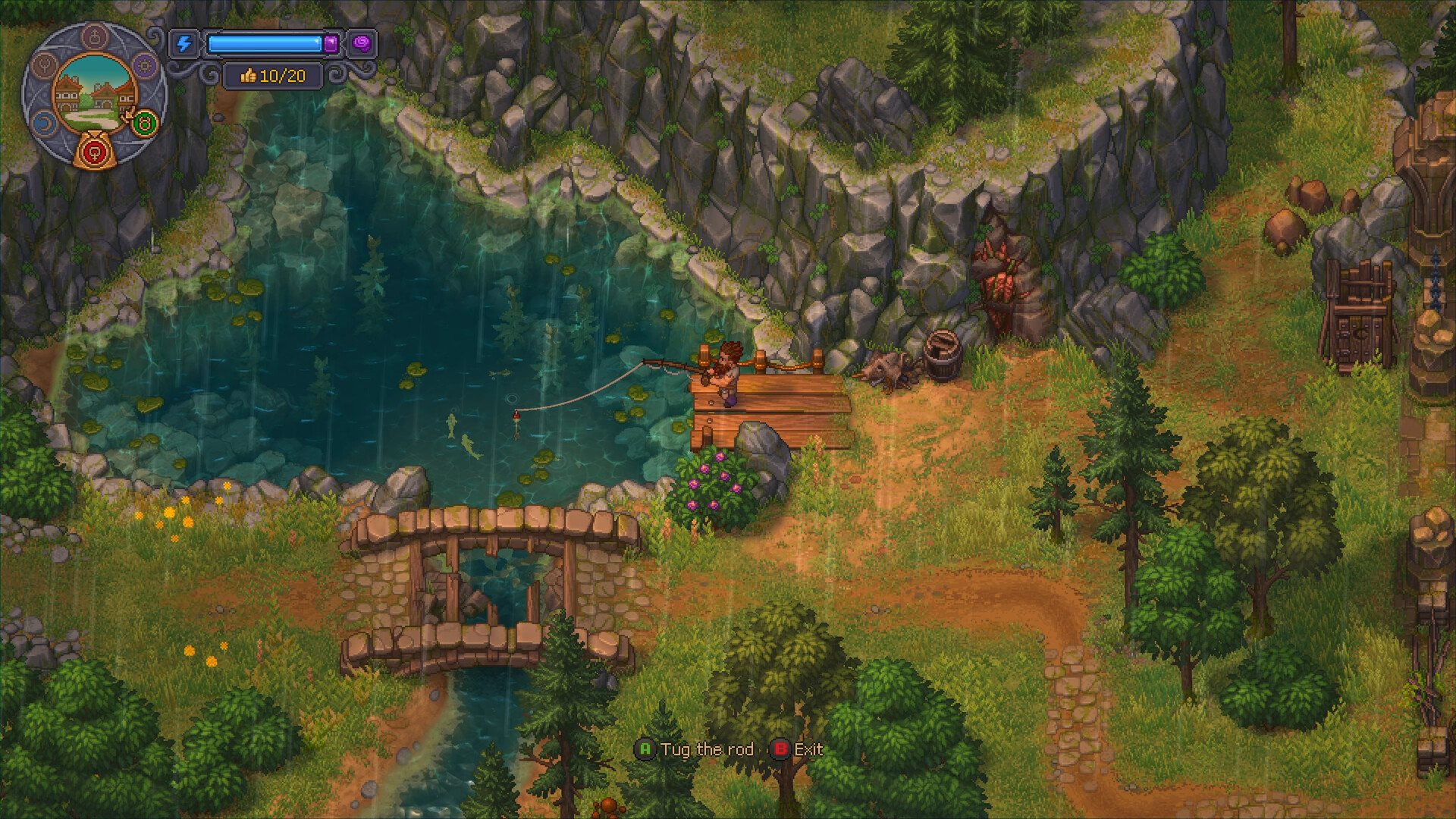 Official Graveyard Keeper 2 fishing scene showing a rod, bobber, fish, and A Tug the rod prompt