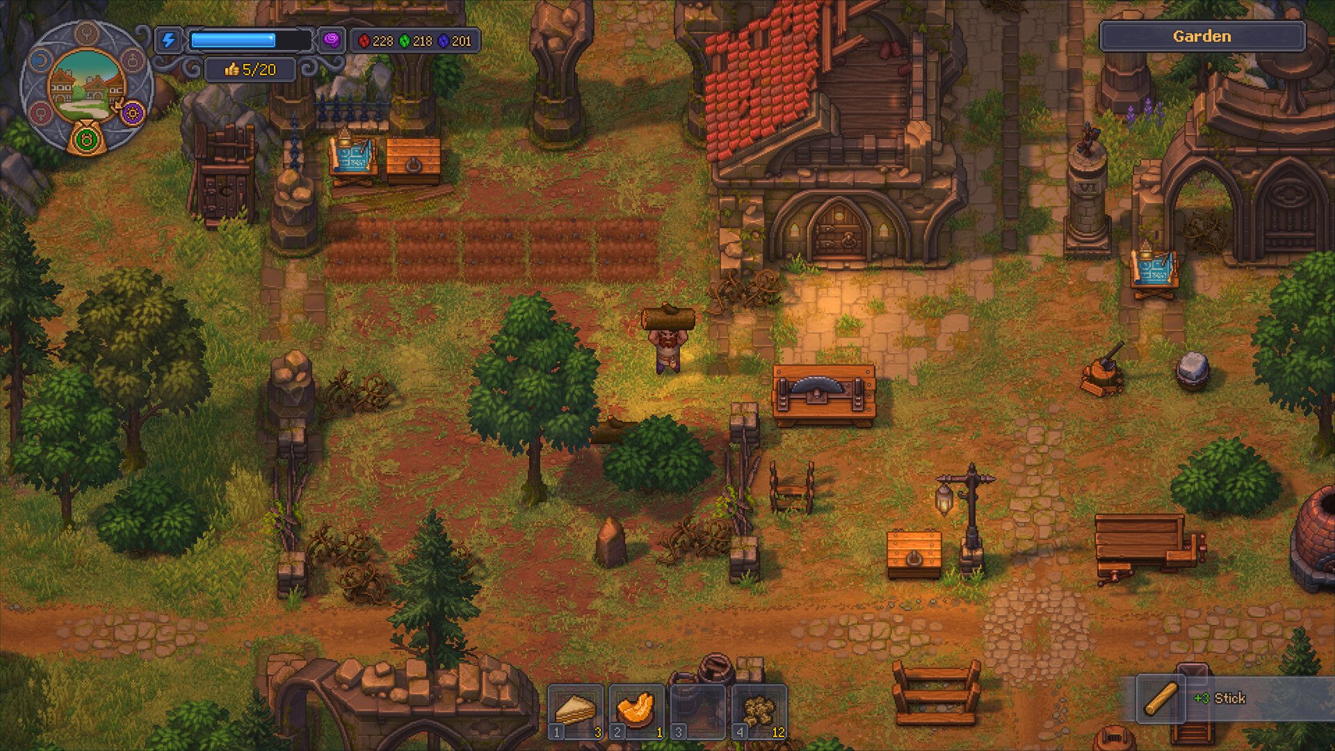 Official Graveyard Keeper 2 gameplay capture showing the garden HUD