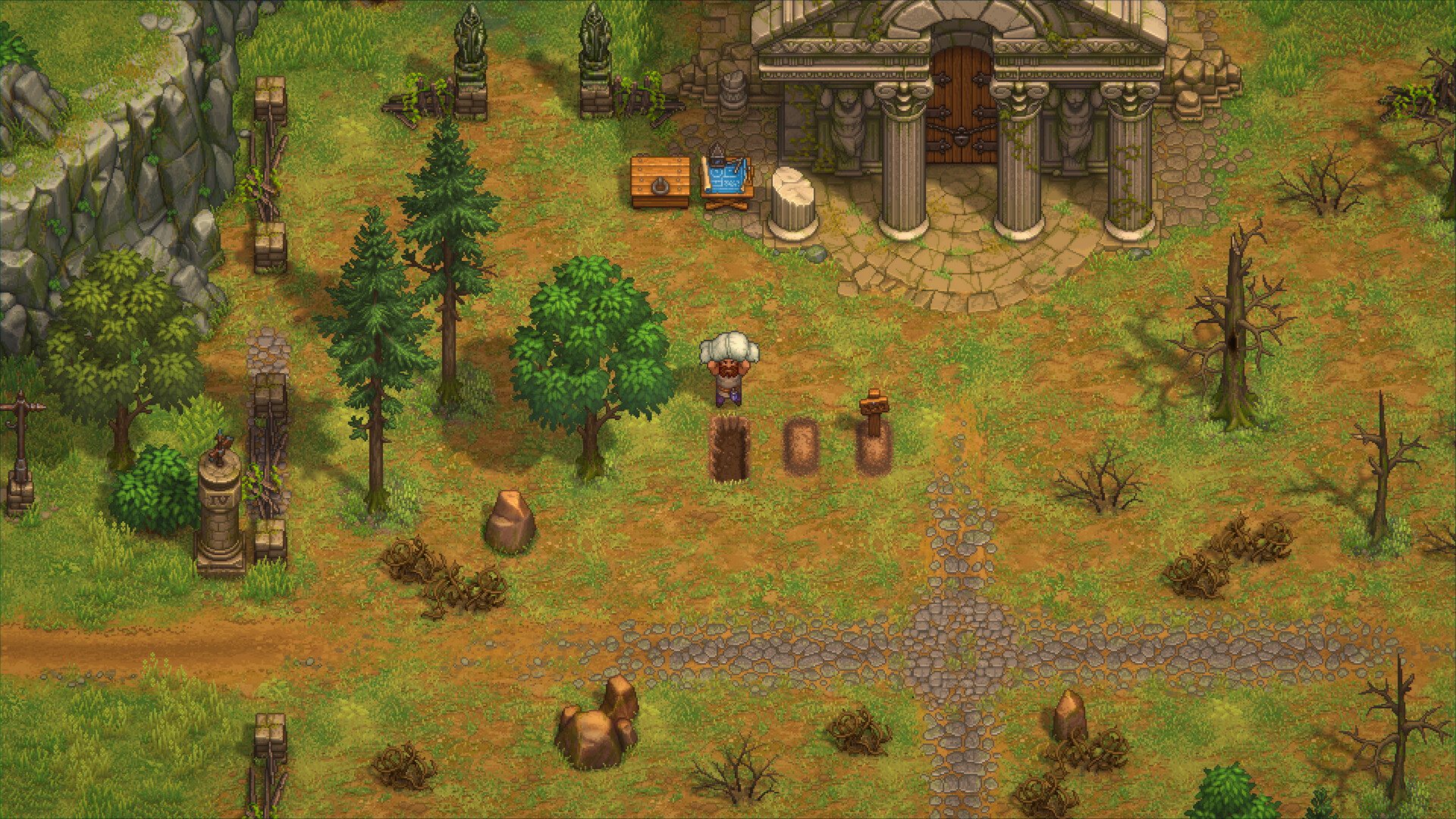 Official in-game scene showing open, filled, and marked grave states