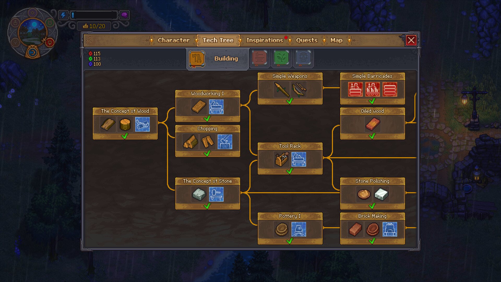 Official Graveyard Keeper 2 Building Tech Tree showing red, green and blue point counters and connected wood, stone, tool and pottery nodes