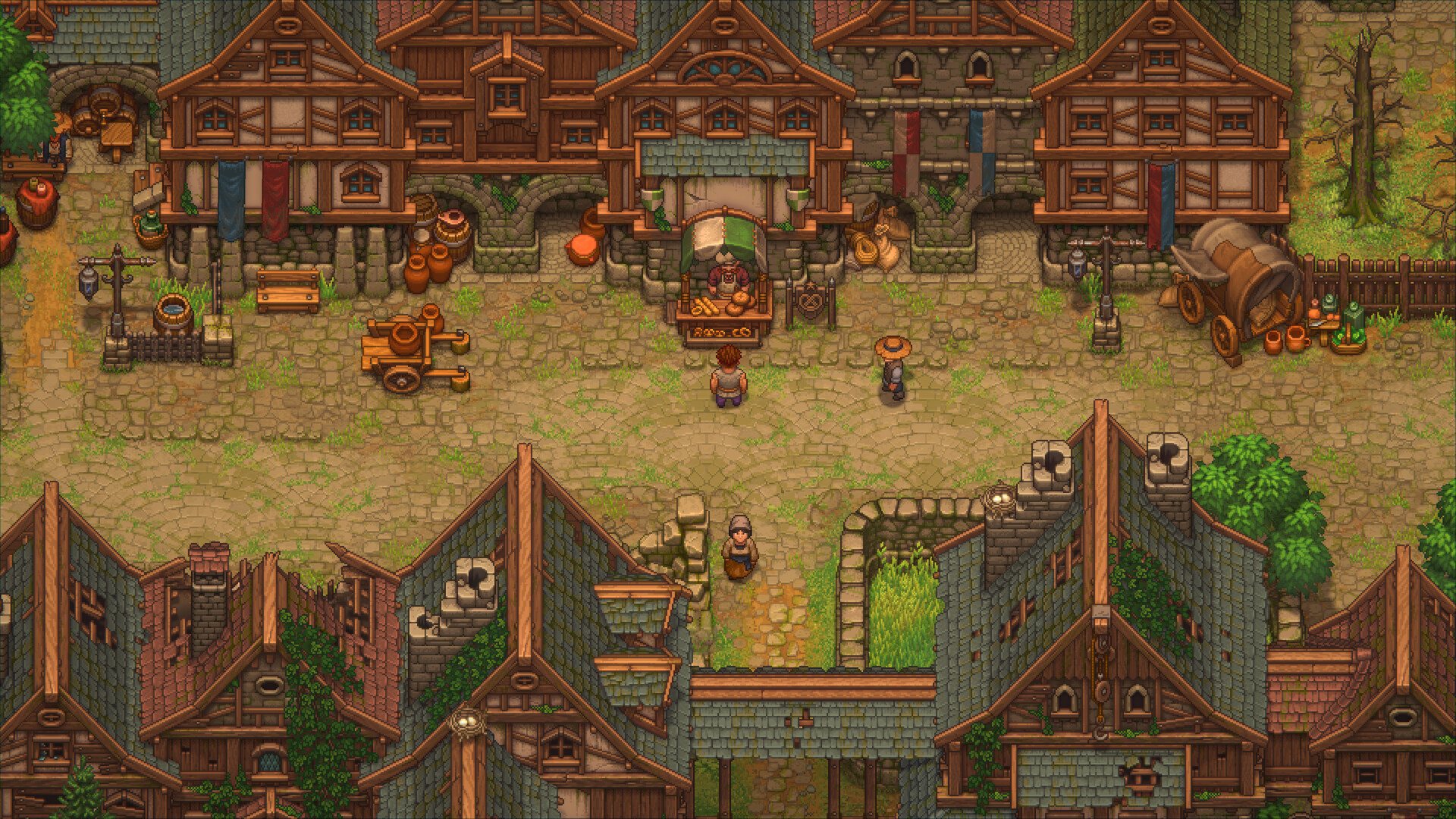 Official in-game Town square scene with merchant stall and NPCs